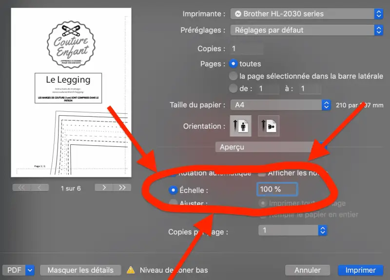 Il faut faire attention à imprimer votre patron en taille réelle, ou en échelle 100% afin qu'il soit au bon format !