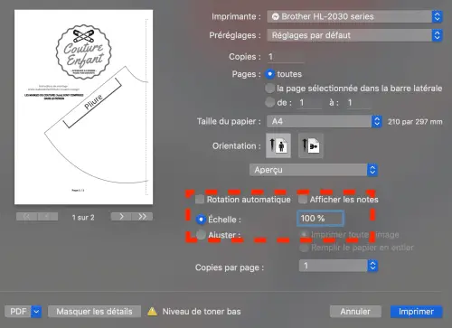 Comment imprimer le patron à la bonne taille ? Simplement en sélectionnant la mention taille réelle ou échelle 100%