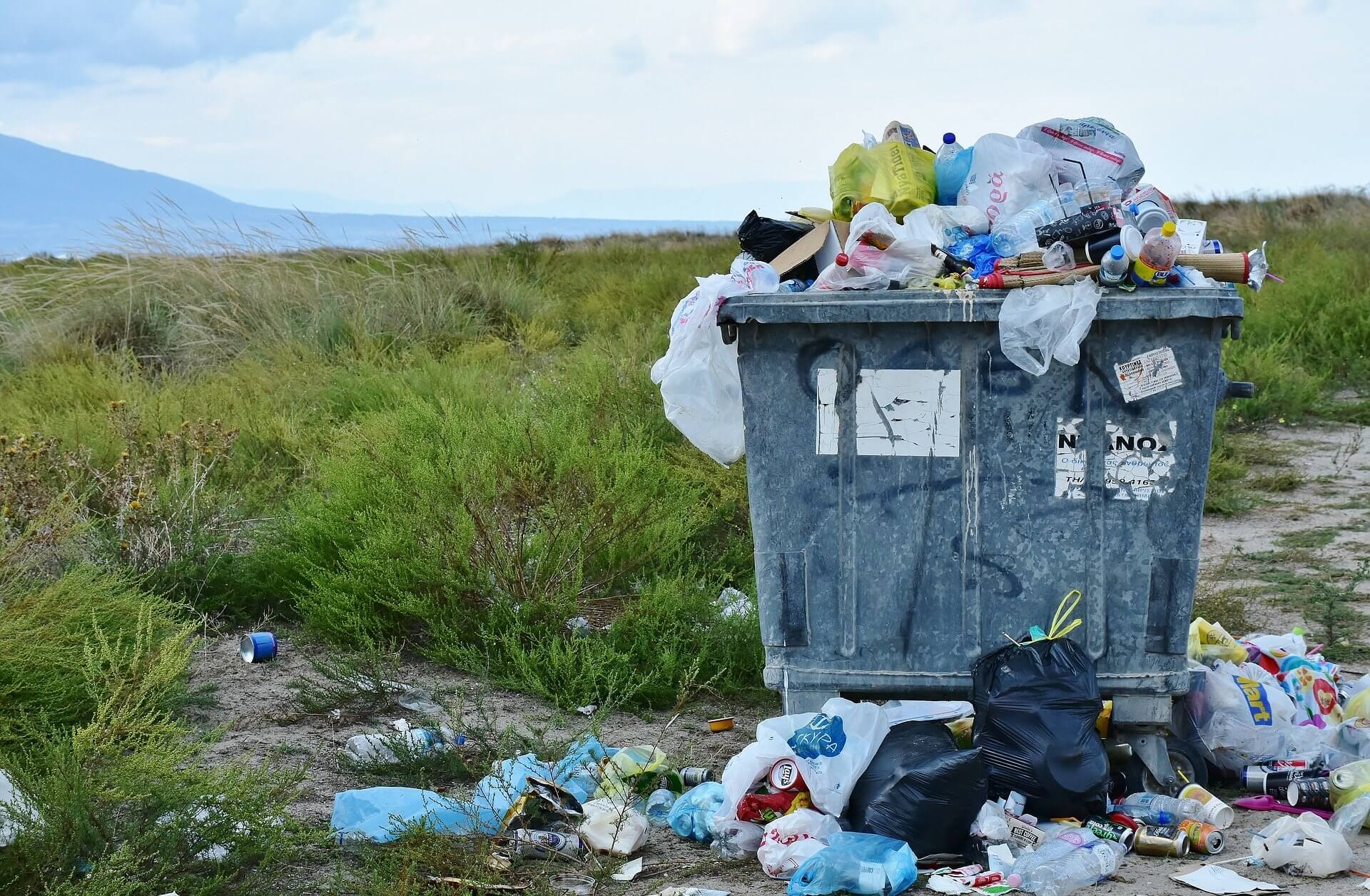 Une poubelle dégueule ses déchets dans la nature