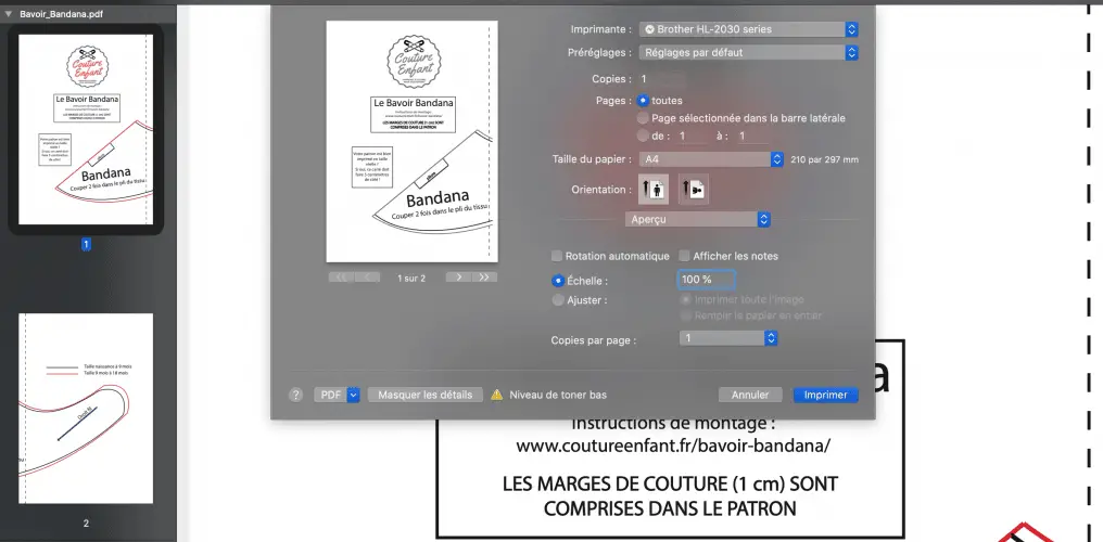 L'impression du patron PDF doit se faire en cochant la case "taille réelle" ou "échelle 100%"