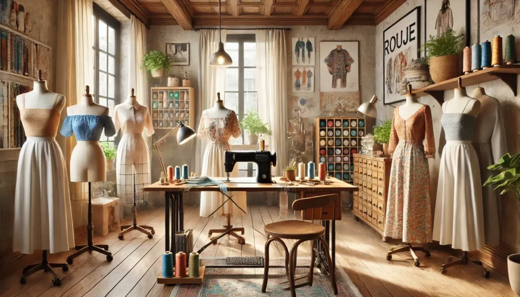 Atelier de couture avec tissus fluides et patrons étalés, ambiance chaleureuse