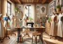 Atelier de couture avec tissus fluides et patrons étalés, ambiance chaleureuse