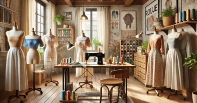 Atelier de couture avec tissus fluides et patrons étalés, ambiance chaleureuse