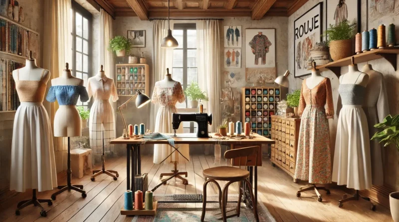 Atelier de couture avec tissus fluides et patrons étalés, ambiance chaleureuse