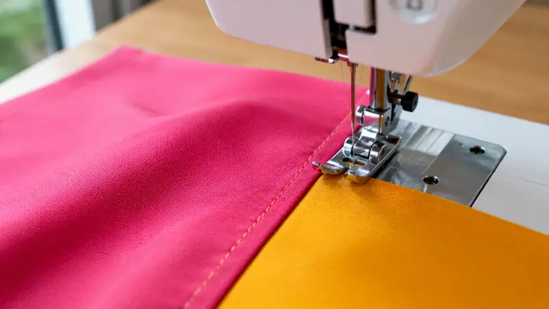 Colorblock-Näharbeit mit einer Verbindung aus zwei Stoffen in Fuchsia und Senfgelb unter einer Nähmaschine.