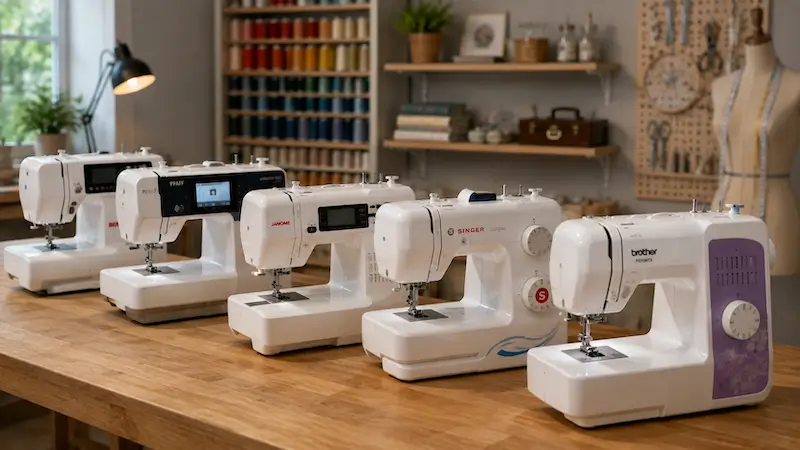 Plusieurs machines à coudre pour débutants, mécaniques et électroniques, disposées en épi dans un atelier de couture