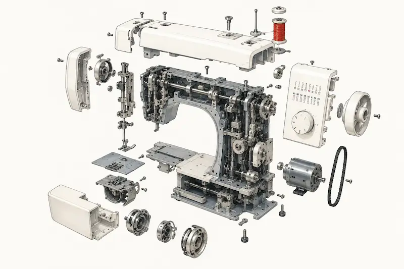 Vue éclatée illustrée d’une machine à coudre familiale montrant ses principaux composants et mécanismes internes