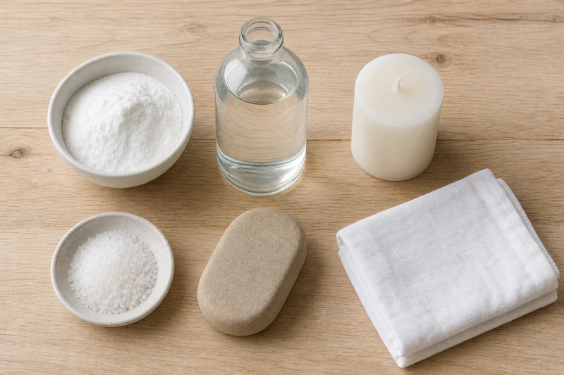 Nettoyants naturels pour nettoyer une semelle de fer à repasser : bicarbonate de soude, vinaigre blanc, bougie blanche, gros sel et pierre d'argile