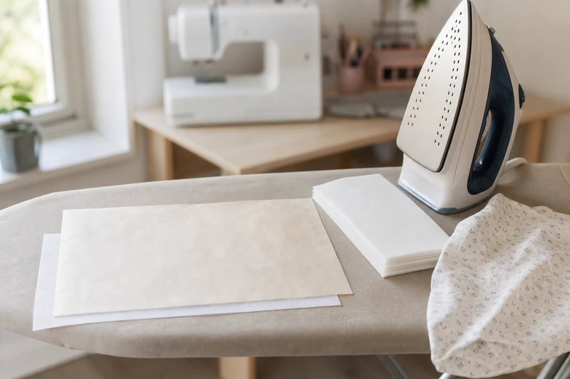 Papier sulfurisé posé sur du thermocollant et fer à repasser à proximité, pour protéger la semelle pendant le thermocollage