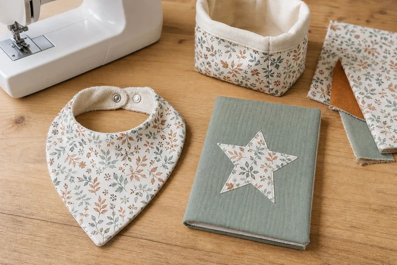 Un bavoir bandana en coton à boutons pression, un protège carnet de santé et un panier de rangement