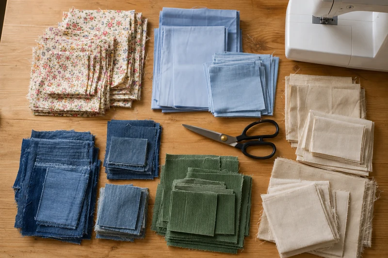Chutes de tissu triées en piles par couleur et par taille sur une table d'atelier de couture
