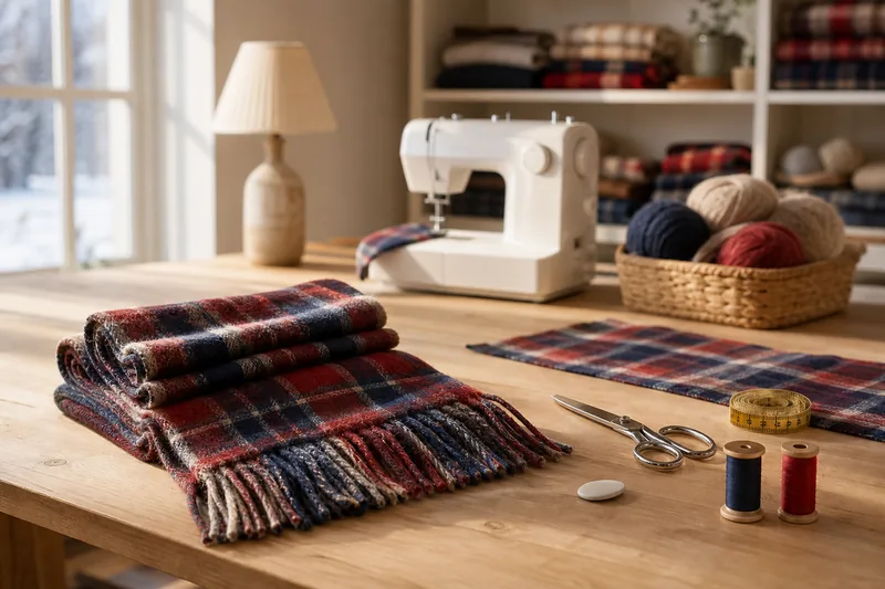 Écharpe en laine à carreaux écossais avec franges, pliée sur la table d'un atelier de couture cosy