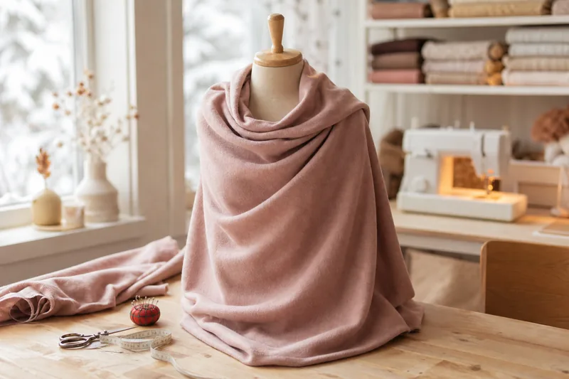 Étole cape en laine rose poudré drapée sur un mannequin de couture, dans un atelier lumineux en hiver
