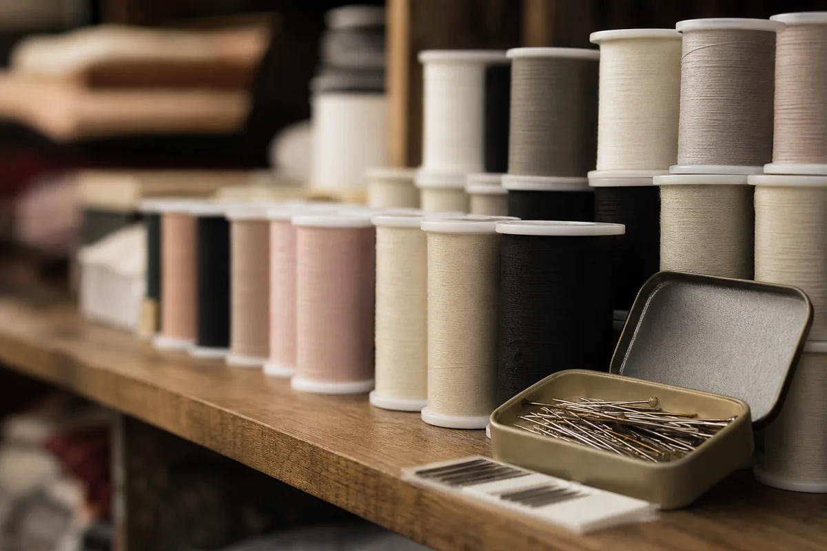 Spools of sewing thread and a box of sewing machine needles sitting on a wooden shelf