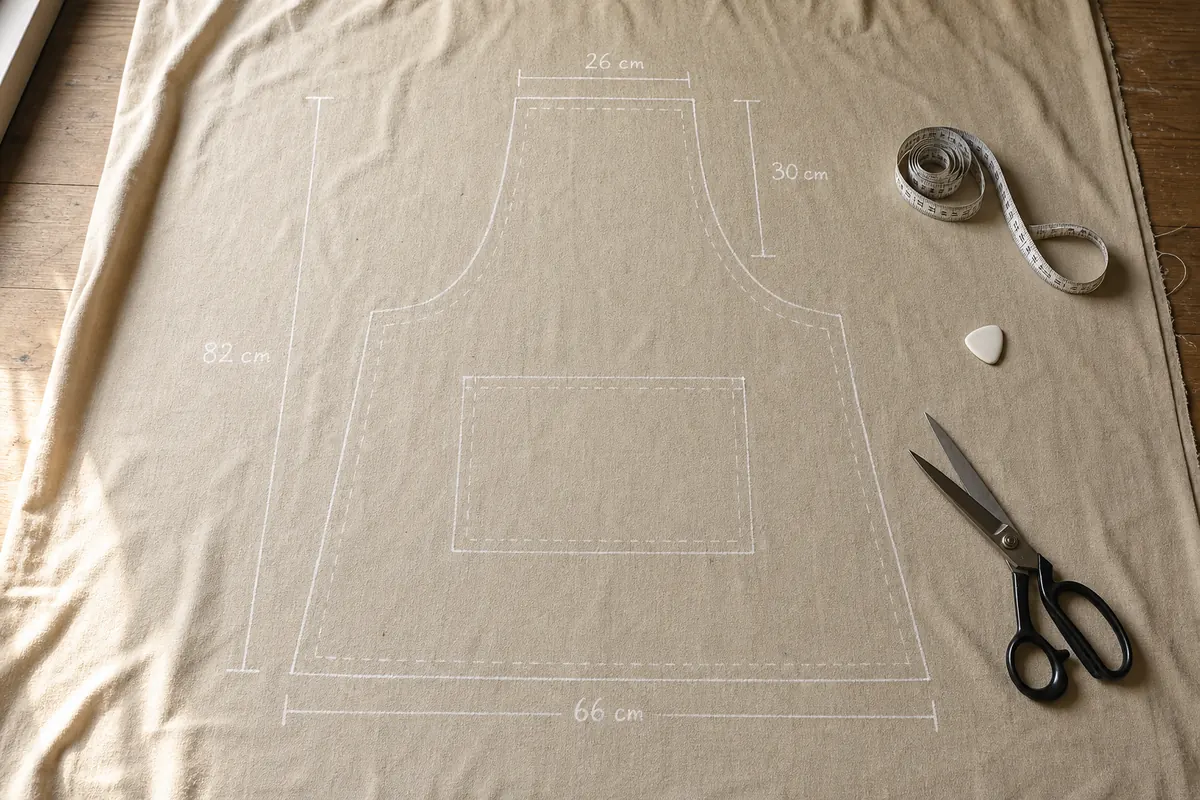 Pièce principale du patron de tablier taille M tracée à la craie sur un coton beige : bavette de 26 cm sur 30 cm, 66 cm de large et 82 cm de long
