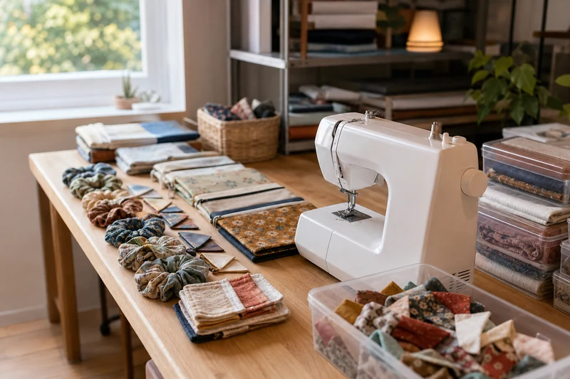 Petits accessoires cousus main alignés sur une table d'atelier près d'une machine à coudre