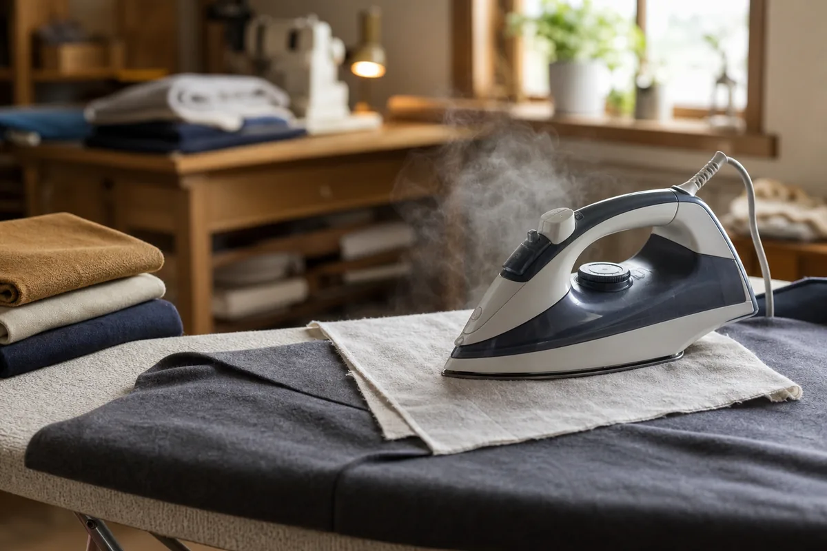 Ironing a wool fabric with a damp cloth on an ironing board