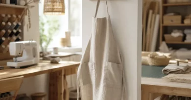 Tablier de cuisine en lin beige suspendu dans un atelier de couture lumineux