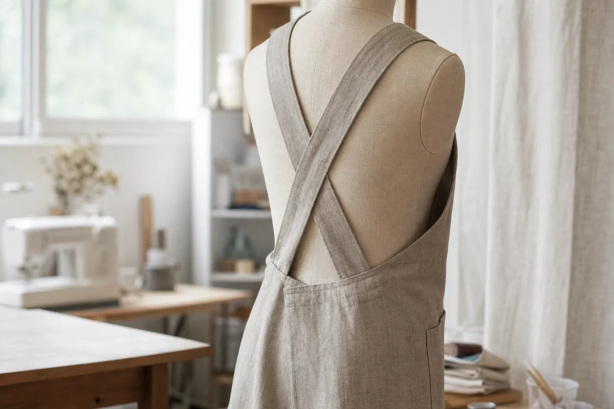 Tablier japonais à bretelles croisées dans le dos sur un buste de couture