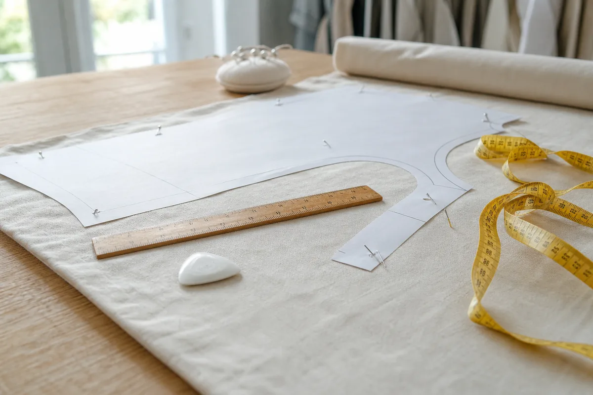 Tracing a sewing pattern using a ruler, tailor's chalk, and a measuring tape